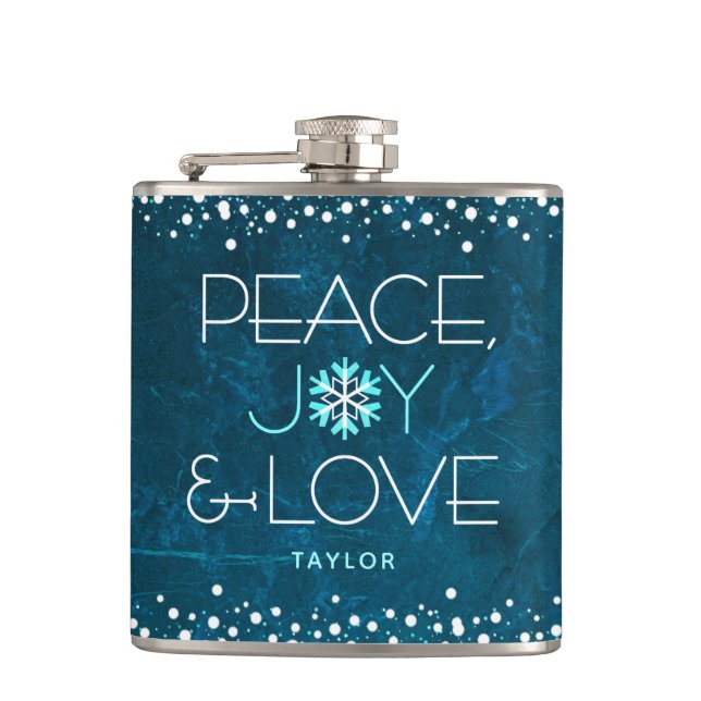 Blue Peace Joy Love Holiday Snowflake Bold Modern  Flask (Front)