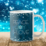 Blue Peace Joy Love Snowflake Holiday Modern Bold Coffee Mug<br><div class="desc">“Peace, joy & love.” A fun, playful, snowflake illustration and modern typography on a rich, deep teal blue marble watercolor background help you usher in the holiday season. White confetti dots frame complete the look. Feel the warmth and joy of the holidays whenever you drink out of this stunning, colorful...</div>