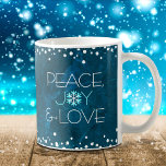 Blue Peace Joy Love Snowflake Holiday Modern Chic Coffee Mug<br><div class="desc">“Peace, joy & love.” A fun, playful, snowflake illustration and modern typography on a rich, deep teal blue marble watercolor background help you usher in the holiday season. White confetti dots frame complete the look. Feel the warmth and joy of the holidays whenever you drink out of this stunning, colorful...</div>