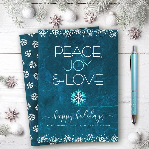 Blue Peace Joy Love Snowflake Typography Simple Holiday Card