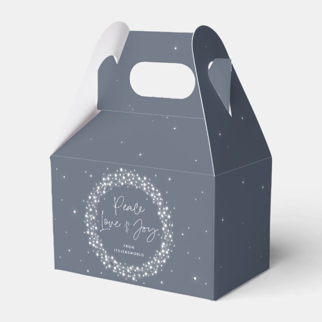 Blue Peace Love+Joy Christmas Sparkling Lights Favor Boxes (Front Side)
