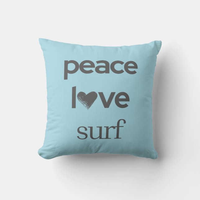 Blue Peace Love Surf | Reversible Beach House Throw Pillow (Front)
