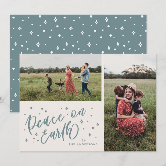 Blue Peace on Earth Lettering Christmas Two Photo Holiday Card (Front/Back)