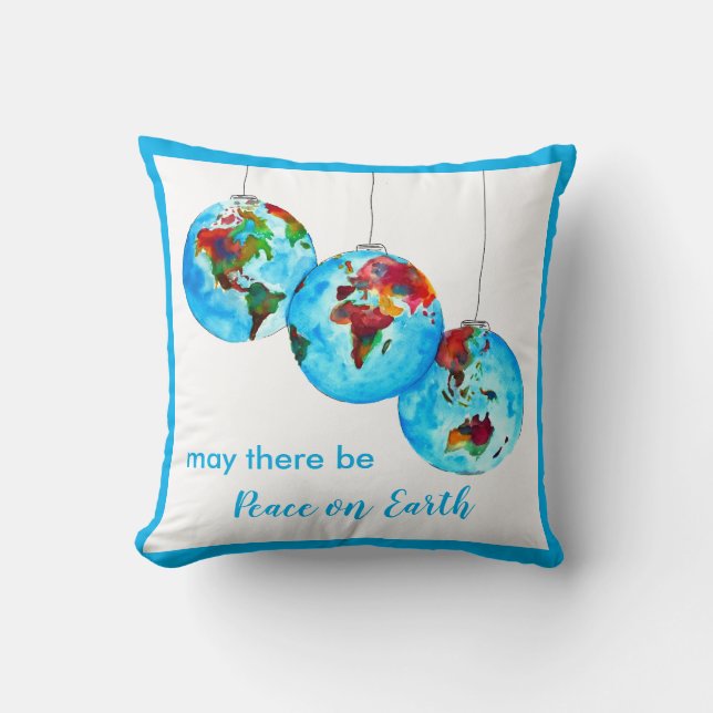Blue Peace on Earth Watercolor Holiday Gift Throw Pillow (Front)