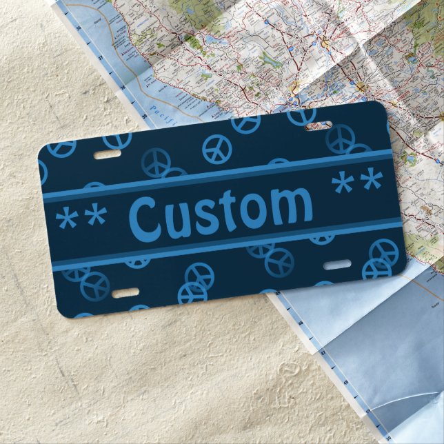 Blue Peace Sign Pattern w/ Custom Text License Plate (In Situ)