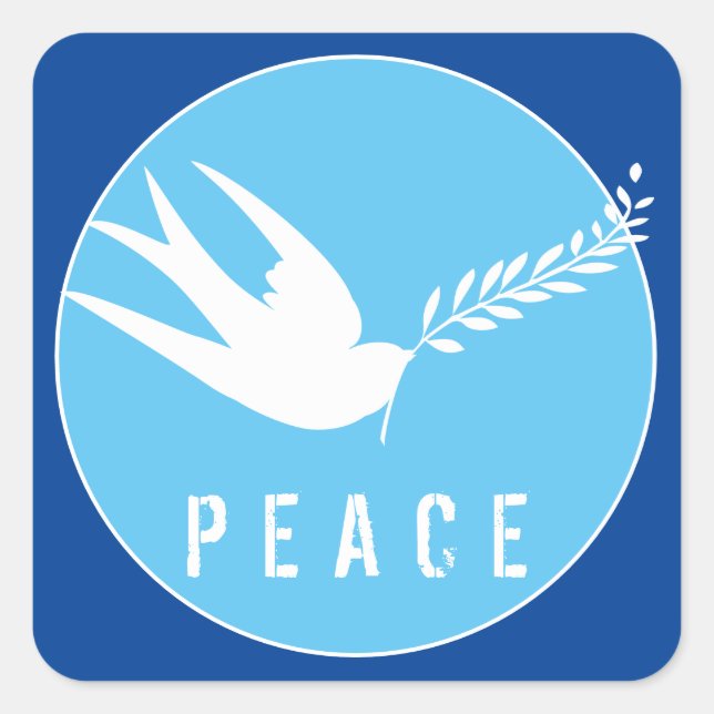 Blue Peace Symbol White Swallow Bird Olive Branch Square Sticker (Front)