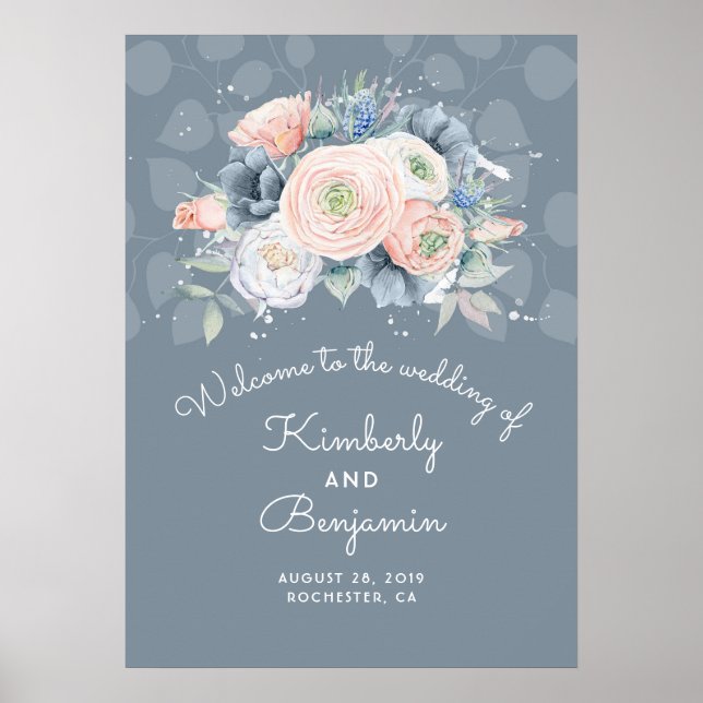 Blue Peach and Dusty Rose Wedding Welcome Sign (Front)