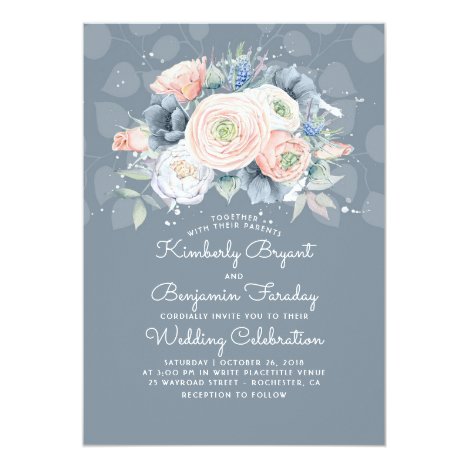 Blue Peach and Pink Floral Elegant Wedding Card