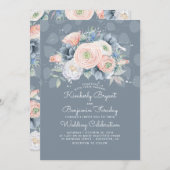 Blue Peach and Pink Floral Elegant Wedding Invitation (Front/Back)