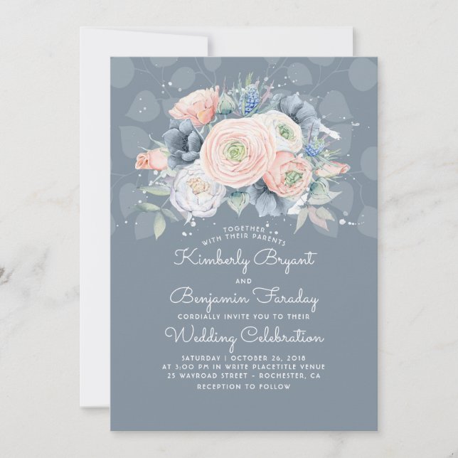 Blue Peach and Pink Floral Elegant Wedding Invitation (Front)