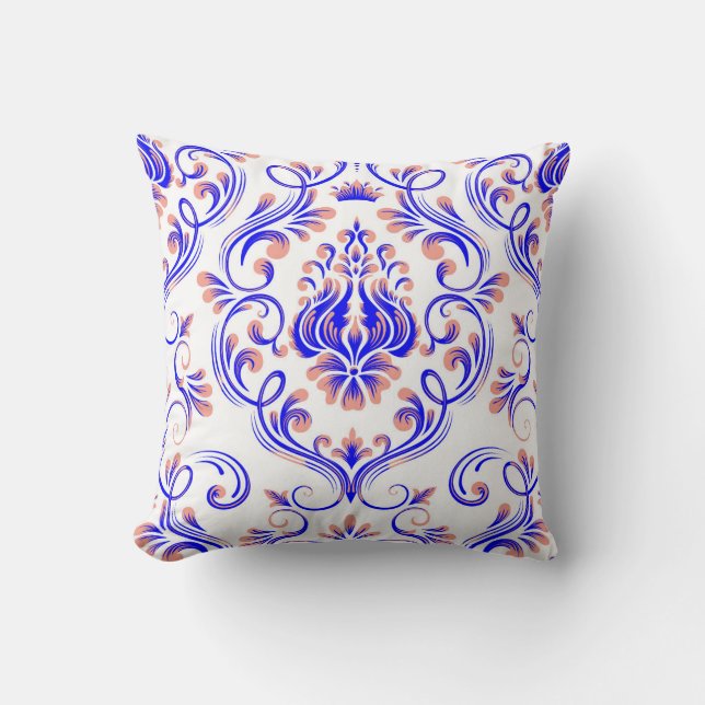 Blue Peach and White Damask Floral Pattern Elegant Throw Pillow (Front)