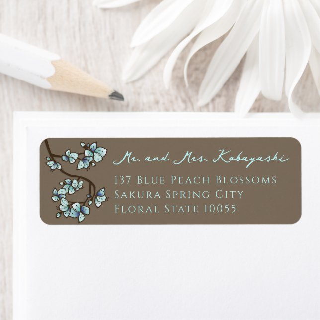 Blue Peach Blossom Flowers Asian Wedding Address Label (Insitu)