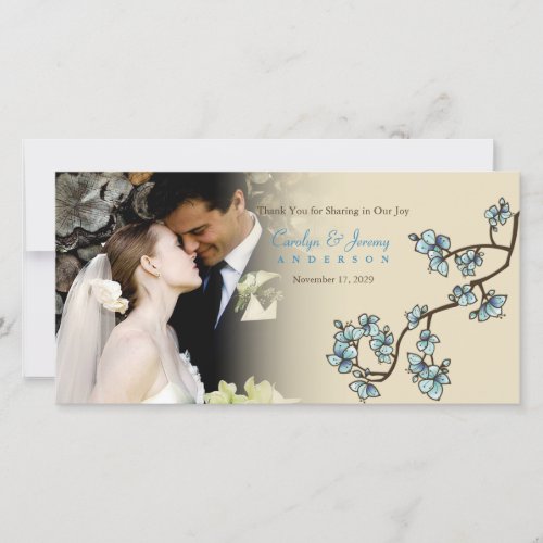 Blue Peach Blossom Flowers Asian Wedding Photo Thank You Card