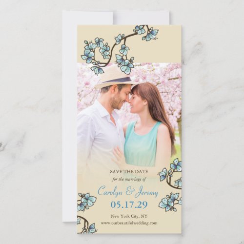 Blue Peach Blossoms Asian Save The Date Photo Card