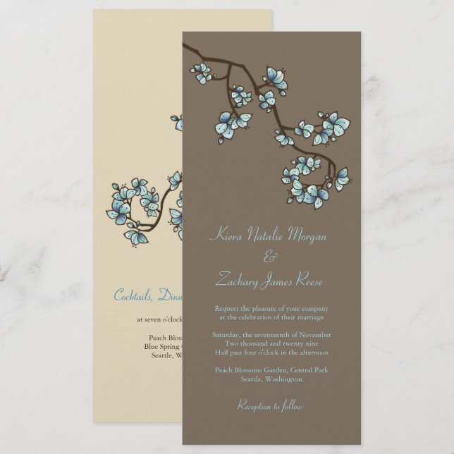 Blue Peach Blossoms Sakura Asian Wedding Invite (Front/Back)