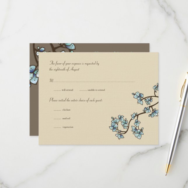 Blue Peach Blossoms Sakura Asian Wedding RSVP Card (Front/Back In Situ)