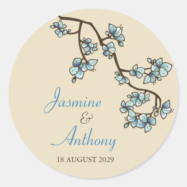 Blue Peach Blossoms Sakura Modern Asian Wedding Classic Round Sticker (Front)
