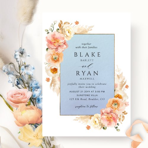 Blue Peach Blush and Cream Floral Chic Wedding I Invitation