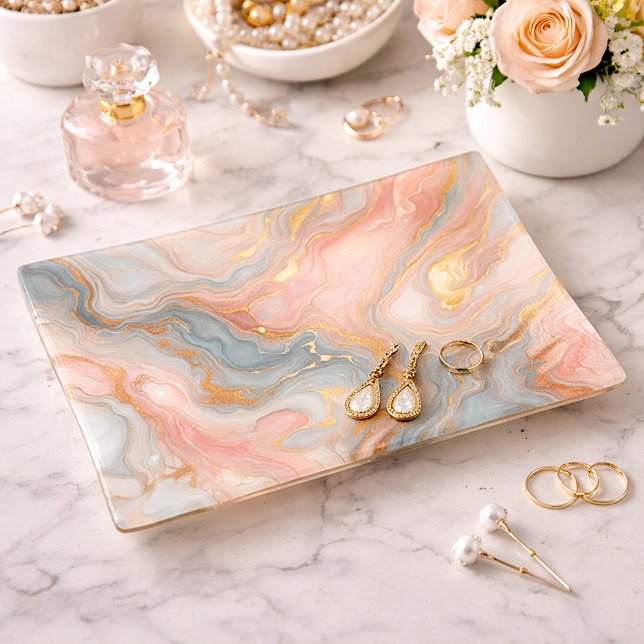Blue Peach Blush Pink Gold Marble Pattern Trinket Tray (Creator Uploaded)
