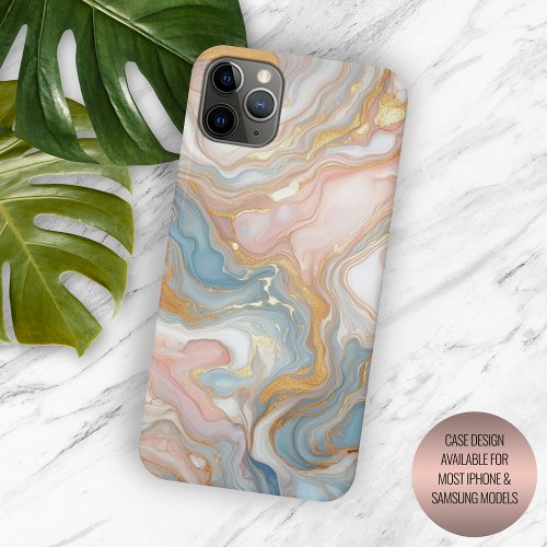 Blue Peach Blush Pink White Gold Marble Pattern iPhone 15 Pro Max Case