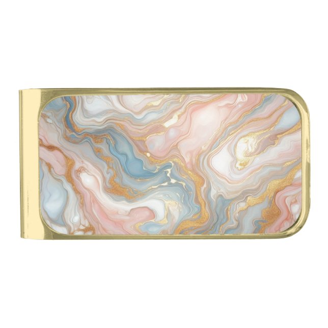 Blue Peach Blush Pink White Gold Marble Pattern Gold Finish Money Clip (Front)