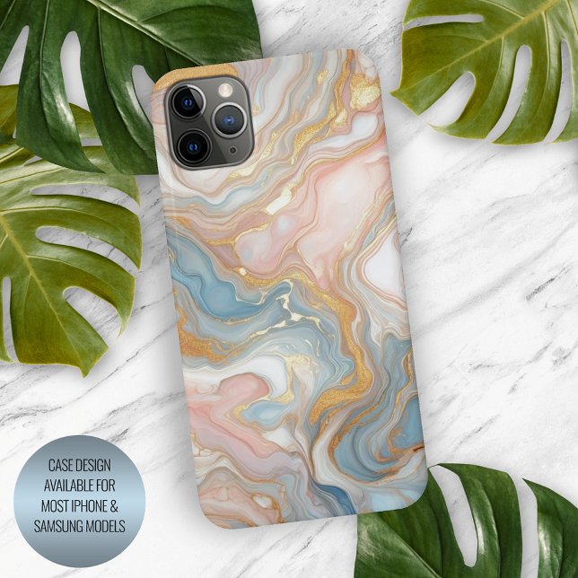 Blue Peach Blush Pink White Gold Marble Pattern iPhone Case (Creator Uploaded)