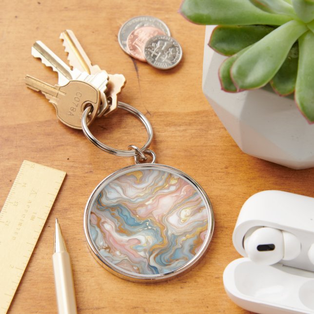 Blue Peach Blush Pink White Gold Marble Pattern Keychain (Desk)
