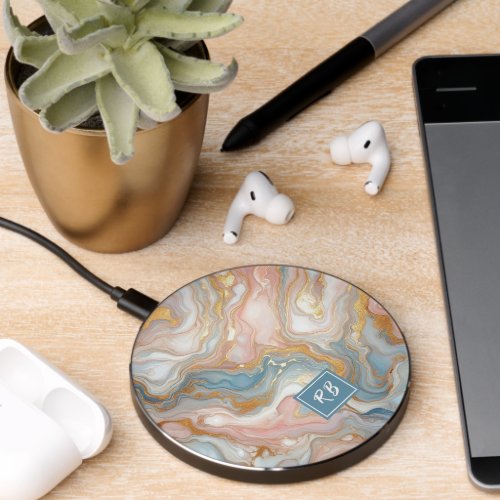 Blue Peach Blush Pink White Gold Marble Pattern Wireless Charger