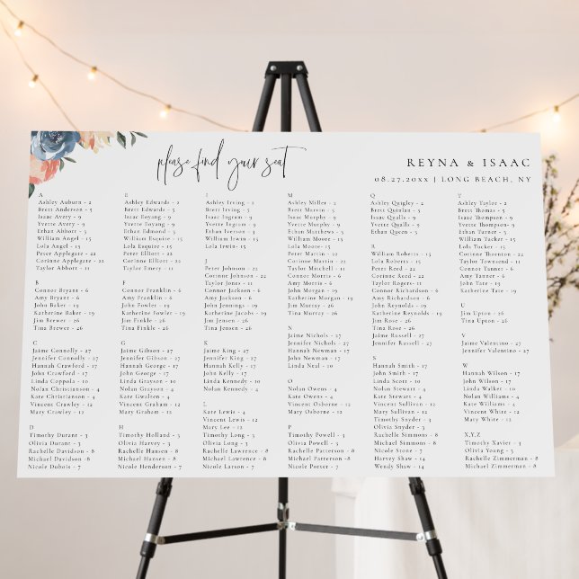 Blue Peach Botanical Alphabetical Seating Chart Foam Board (In Situ (Stand))