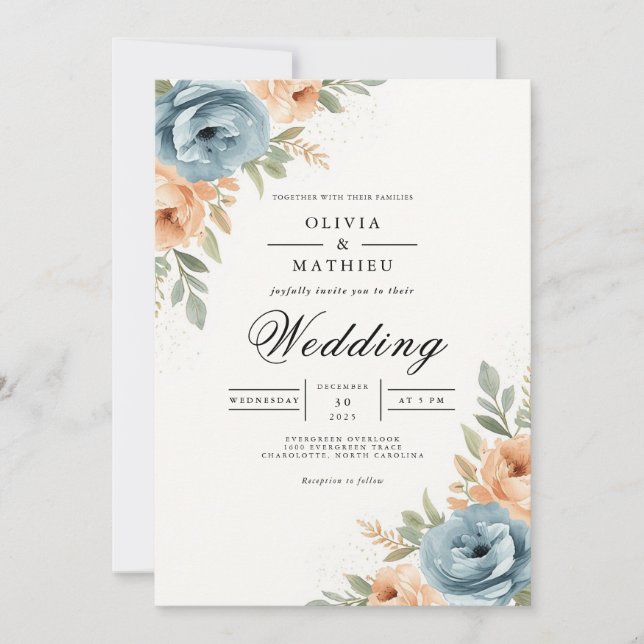 Blue Peach Botanical Archway Wedding Invitation (Front)