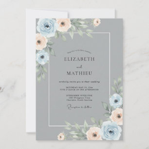 Blue Peach Botanical Romance Wedding Invitation