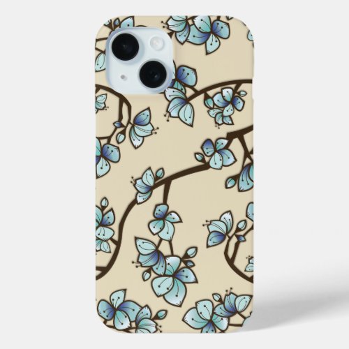 Blue Peach Cherry Blossom Elegant Sakura Floral iPhone 15 Case