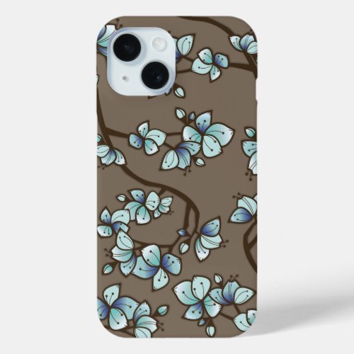 Blue Peach Cherry Blossom Elegant Sakura Floral iPhone 15 Case