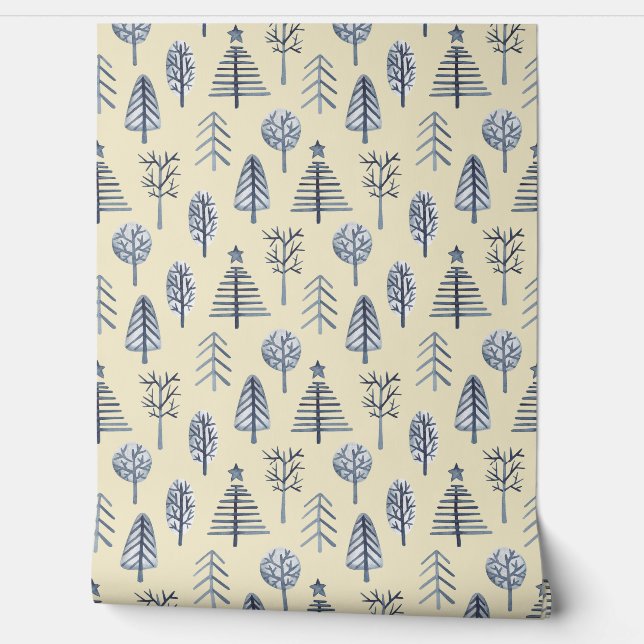 Blue & peach Christmas tree pattern Wallpaper Wallpaper (Unrolling)