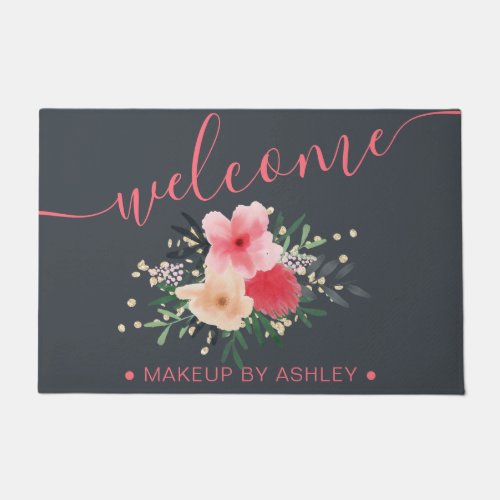 Blue peach classic floral watercolor welcome doormat