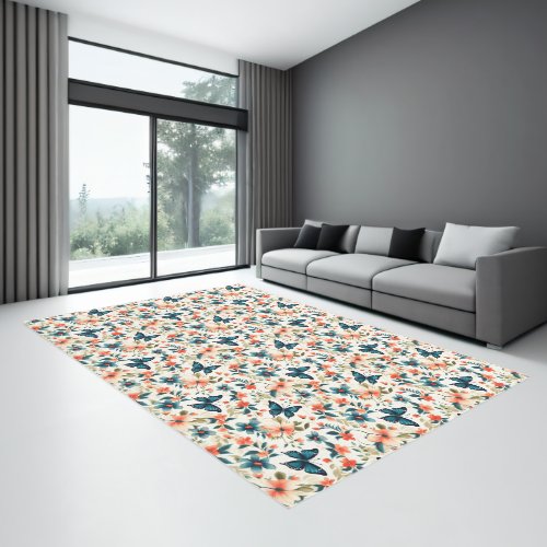Blue Peach Coral Butterfly Floral Flowers  Rug