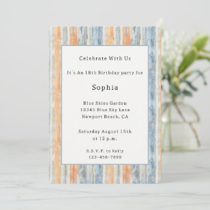 Blue Peach Cream Stripes Birthday Invitation