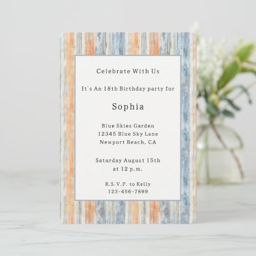 Blue Peach Cream Stripes Birthday Invitation