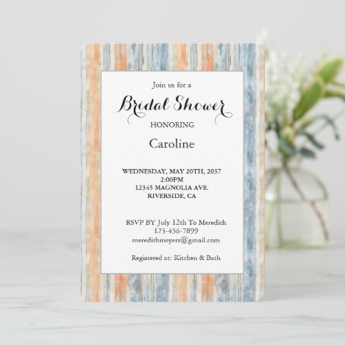 Blue Peach Cream Stripes Bridal Shower  Invitation