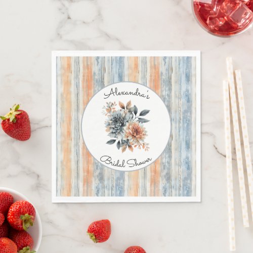 Blue Peach Cream Stripes Flowers Bridal Shower Napkins