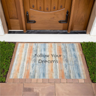 Blue Peach Cream Stripes Personalized Doormat