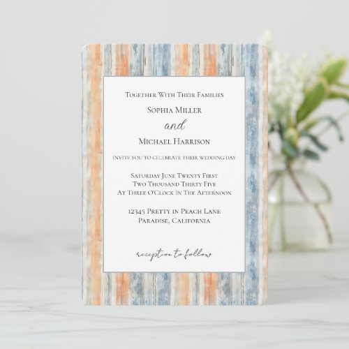 Blue Peach Cream Stripes Wedding Invitation