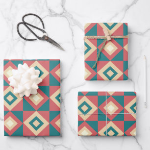Blue Peach Diamond Geometric Wrapping Paper Sheets