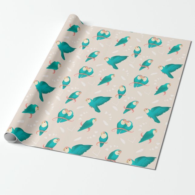 Blue Peach Faced Lovebird Wrapping Paper (Unrolled)