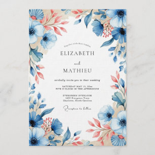 Blue Peach Floral Bloom Wedding Invitation