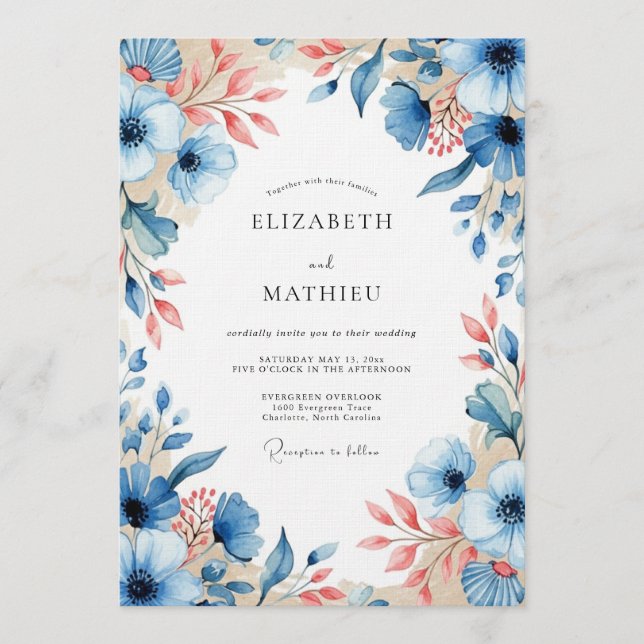 Blue Peach Floral Bloom Wedding Invitation (Front)