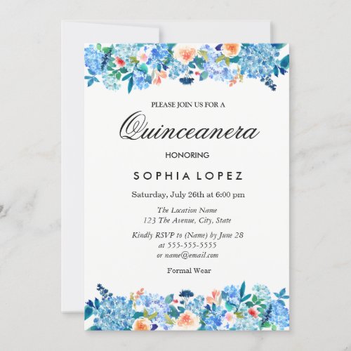 Blue Peach Floral Peonies Quinceanera Invitation