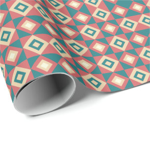 Blue Peach Geometric Diamond Pattern Wrapping Paper
