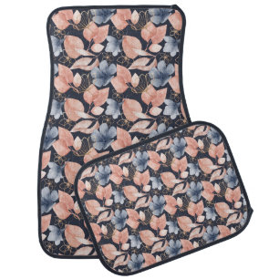 Blue, Peach & Gold Florals Stylish Botanical Art Car Floor Mat