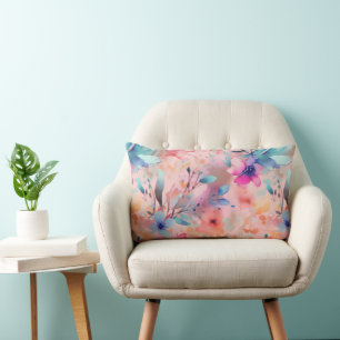 Blue, Peach & Pink Abstract Floral Lumbar Pillow